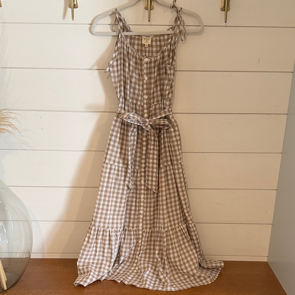 Marea by Liz Joy Beige Gingham Tie-Shoulder Maxi Dress